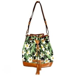 Dooney & Bourke Daffodil Drawstring Shoulder Bucket Bag with Brown Leather Trim
